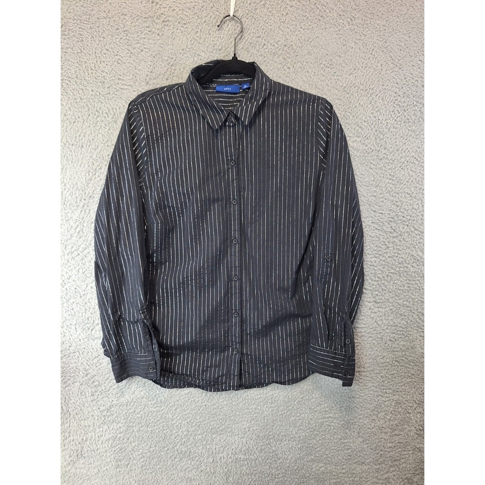 APT.9โ Shirt Womens XL Black Pinstripe Stretch Roll Tab Sleeve Regular Button Up